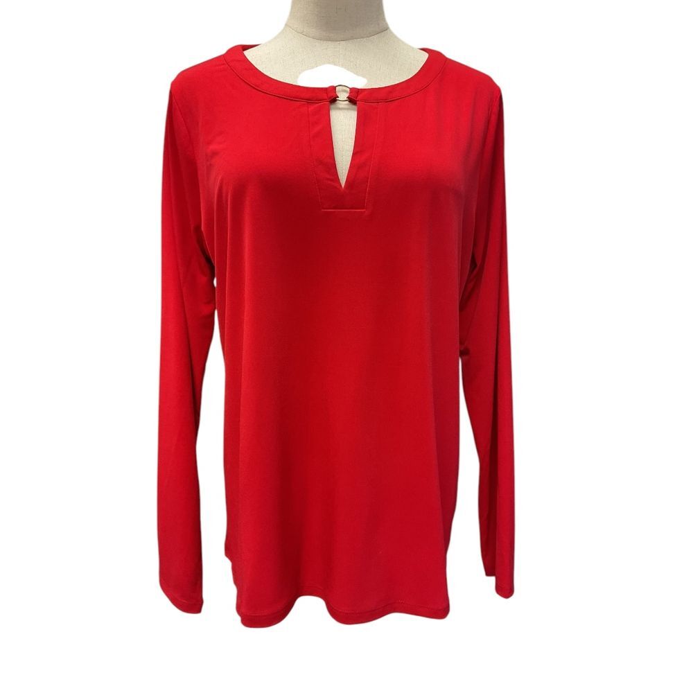 Michael Kors Women's Gold Ring Keyhole Top Long Sleeve Red Size L Holiday NWT
